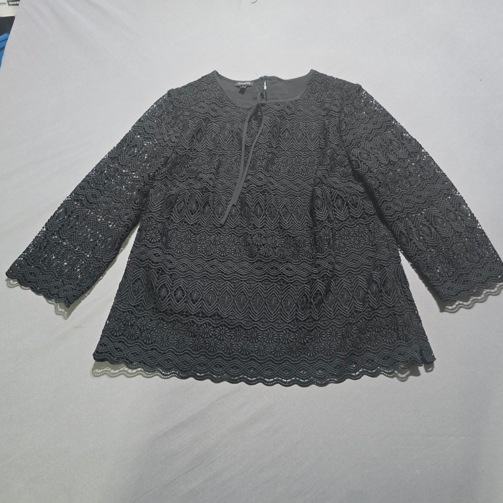 Talbots Lace Blouse Women Size S Black Floral Guipure Keyhole Scalloped Hem